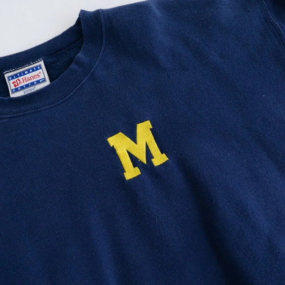 Vintage  90S Hanes Mi Wolverines Collegiate Navy Crew Neck Sweater Large - Picture 6 of 8